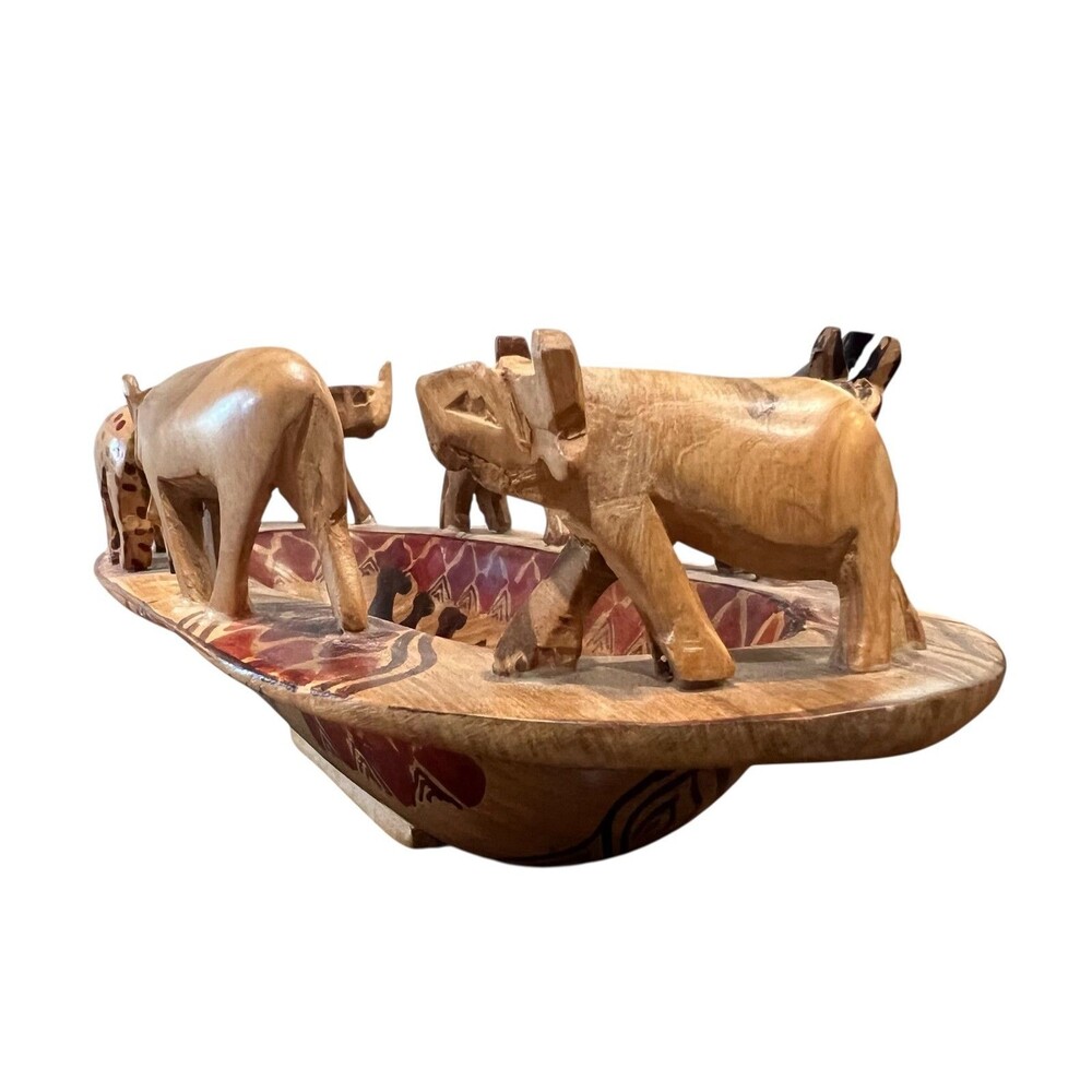 African Safari Animal Hand Carved Wood Bowl 12"w x 5 7/8"d x 4"h - Picture 9 of 16
